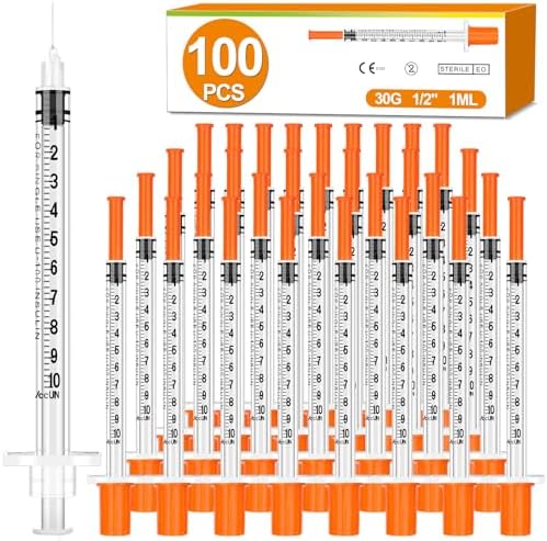 100 Pack 1ml Syringes with Needle-30Ga 0.5 Inch, Individually Sealed Packaging