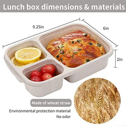 4 Pack Bento Lunch Box Set 3 Compartment Food Storage Containers Wheat Straw Meal Prep Lunch Box Plastic Food Storage Containers, Microwave and Dishwasher Safe (light colour)