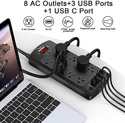 Surge Protector Power Strip - Nuetsa Flat Plug Extension Cord with 8 Outlets and 4 USB Ports, 6 Feet Power Cord (1625W/13A), 2700 Joules, ETL Listed, Black