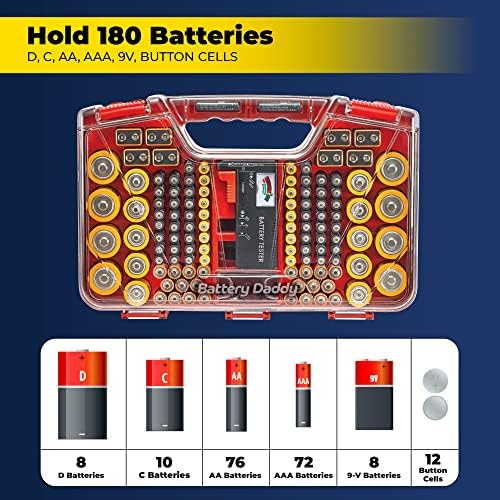 Ontel Battery Daddy Storage & Organizer Case with Tester, Stores & Protects Up to 180 Batteries, Double-Sided, Durable Design with Clear Locking Lid, Secure Latches & Portable Carrying Handle - Red