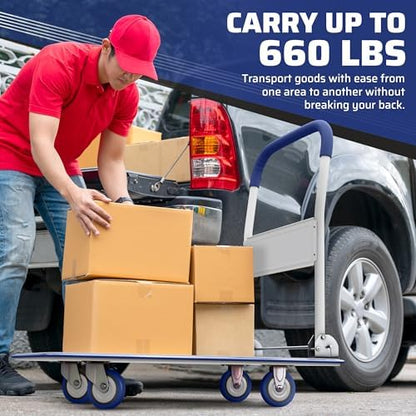 Heavy Duty Foldable Push Cart Dolly | 660 lbs. Capacity | Upgraded Collapsible Hand Truck Platform with Swivel Wheels | Flat Bed Moving Wagon | Space Saving Push Handle (Blue)