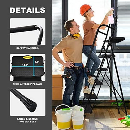 HBTower Step Ladder, Folding Step Stool with Wide Anti-Slip Pedal, Sturdy Steel Ladder, Convenient Handrail, Lightweight, Portable Steel Step Stool
