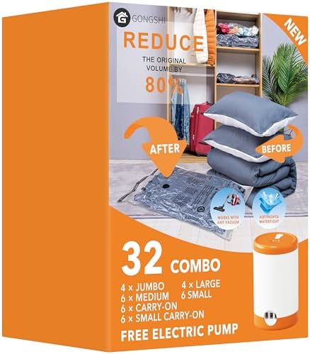 32 Pack Vacuum Storage Bags with Electric Pump,Plastic Packaging Bags,Space Saver Bag for Clothes, Mattress, Blanket, Duvets, Pillows, Comforters,Travel