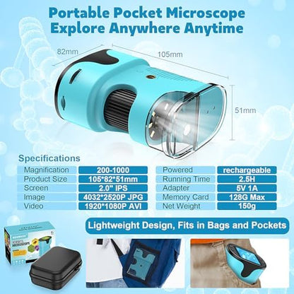 1000X Pocket Microscope for Kids - 4K 2.0" Screen, Digital Mini Scope with Slides Kit, Rechargeable Lab Handheld Portable Microscopes for Kids 4-12 Students Teens
