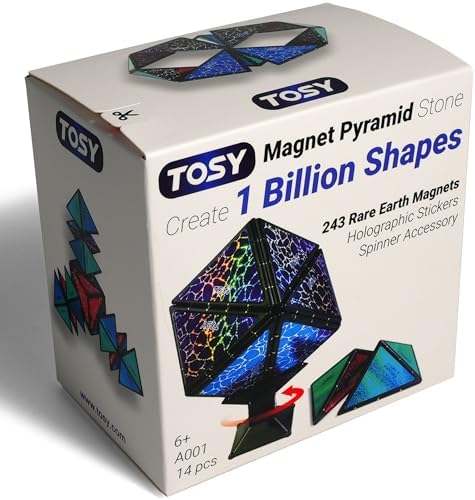 TOSY Magnet Pyramid Stone - 1 Cube Transforms into 1 Billion Shapes, 14 pcs (12 Puzzle pcs and 2 Accessories), 243 Rare Earth Magnets, Holographic Design Magnet Tiles Creative Puzzle STEM/STEAM Toy