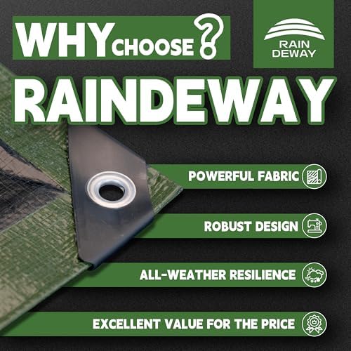 8x10 Feet Tarp Waterproof,9Mil Thick,Finished Size Tarps,UV Resistant,Durable,Multipurpose Poly Tarp Cover with Metal Grommets and Reinforced Edges,Green/Black by RAINDEWAY