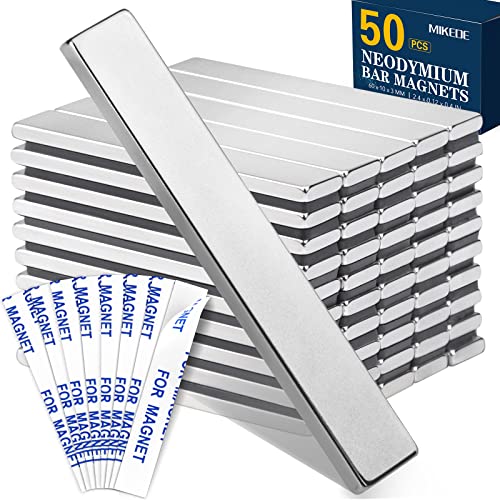 MIKEDE 50 Pack Neodymium Bar Magnets, Super Strong Heavy Duty with Double-Sided Adhesive, Powerful Rare Earth Magnets Bars for Craft, Fridge, Kitchen, Office - 60x10x3mm