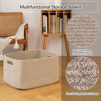 OIAHOMY 75L Large Blanket Basket, Woven Blanket Storage Basket with Handle, Cotton Rope Basket for Organizing 22”x17”x12”, Blanket Basket living Room, Toy Basket for Nursery, Brown variegated