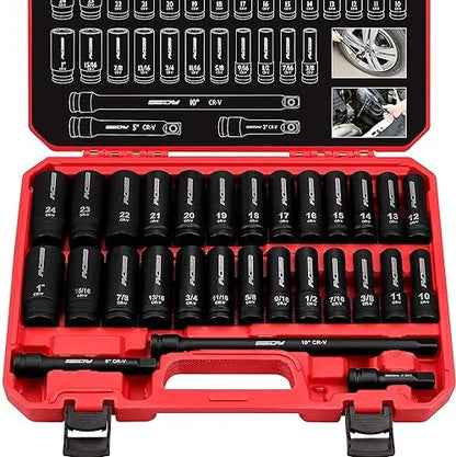 29-Piece 1/2" Drive Impact Socket Set, SAE (3/8 to 1 inch) and Metric (10-24mm) Sizes with Extension Bars Standard Deep Socket Set CR-V Material High Durability Impact Wrench