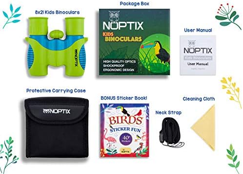 Binoculars for Kids, Girls or Boys Real Kids Binoculars in Vibrant Green Blue - Includes Sticker Book with 40 Bird Species - Small Toys for Toddlers