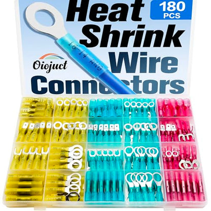 180Pcs Heat Shrink Wire Connectors Kit - Waterproof Marine Automotive Battery Electrical Crimp Terminals Set, Ring Fork Spade Butt Splices
