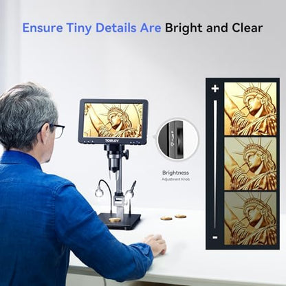 TOMLOV DM9 Pro Digital Microscope: 16MP 7" 1200X HD IPS HDMI Coin Microscope Magnifier for Full Coin View with Screen, 1080P LCD Soldering Microscopes for Adults with 10 LED Lights, PC/TV View, 32GB