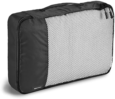 Amazon Basics Lightweight Packing Cubes Travel Organizer Set with Double Zipper, Mesh Top, Small, Medium, Large, Slim, Black, 4 Piece