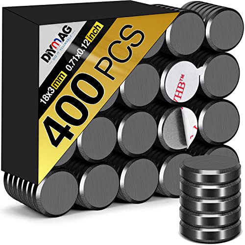 DIYMAG Ceramic Round Magnets for Crafts 400 Packs with Adhesive Backing. 0.7Inch (18mm) Small Magnets Perfect for Fridge, DIY, Building, Scientific, Craft, and Office.（0.7 * 0.12Inch-400p）