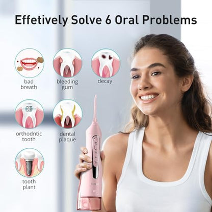 COSLUS Water Dental Flosser Teeth Pick: Portable Cordless Oral Irrigator 300ML Rechargeable Travel Irrigation Cleaner IPX7 Waterproof Electric Flossing Machine for Teeth Cleaning C20(F5020E) Pink