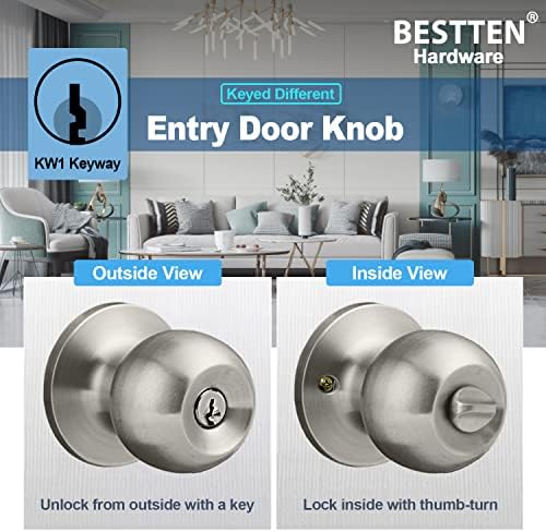 BESTTEN [2 Pack] Entry Door Knob with Lock, Keyed Different Door Lock for Exterior Door and Front Door, Standard Ball, Satin Nickel