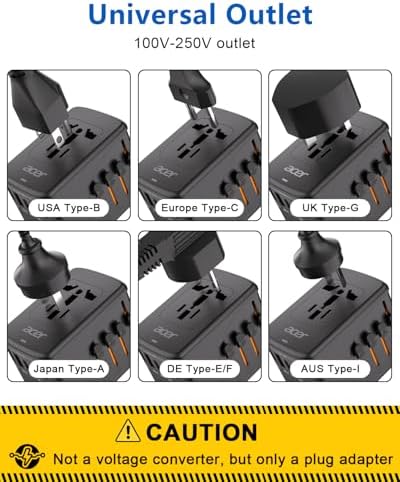 Acer Universal Travel Plug Adapter - International Power Adapter with 5 USB Ports (3 USB C) 5.8A, Worldwide Outlet Charger for USA to European UK France Germany Spain, Type C/E/F/G/I/L/A, Black