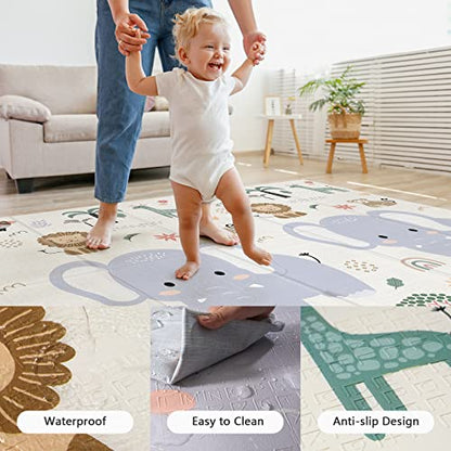 79x71 Foldable Baby Play Mat for Floor, Extra Large Non-Toxic Tummy Time and Crawling Playmat, Thick Foam Play Mat for Baby, Reversible Portable Babies Floor Mats for Infant, Toddler