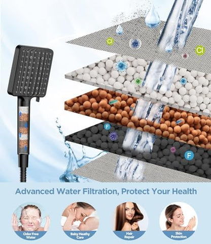 Filtered Shower Head Black - 6 Modes High Pressure Handheld Shower Head with Filter Mineral Beads, Detachable Handheld Showerhead Set with Stainless Steel Hose and Shower Arm Bracket