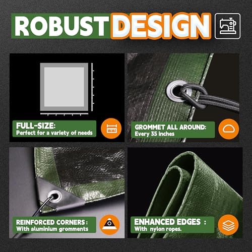 8x10 Feet Tarp Waterproof,9Mil Thick,Finished Size Tarps,UV Resistant,Durable,Multipurpose Poly Tarp Cover with Metal Grommets and Reinforced Edges,Green/Black by RAINDEWAY