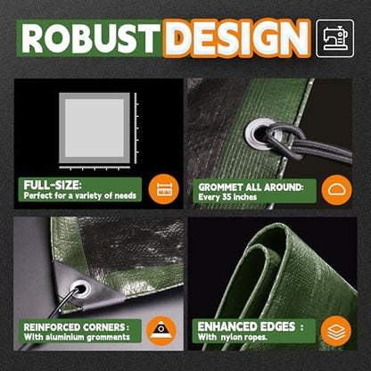 8x10 Feet Tarp Waterproof,9Mil Thick,Finished Size Tarps,UV Resistant,Durable,Multipurpose Poly Tarp Cover with Metal Grommets and Reinforced Edges,Green/Black by RAINDEWAY