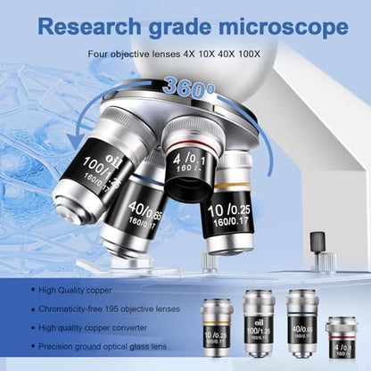 Trinocular Microscope 40X-5000X Magnification Laboratory Grade with Dual Mechanical Stage and HD USB Camera Microscope for Adults