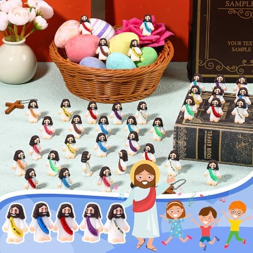 Bememo 100 Pcs Little Jesus Figures Jesus Loves You Original Design Rubber Pocket Toys Little Figures to Hide and Seek Sunday School Religious Party Share Gifts(Vibrant Color)