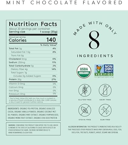 Truvani Vegan Pea Protein Powder | Mint Chocolate | 20g Organic Plant Based Protein | 20 Servings | Keto | Gluten & Dairy Free | Low Carb | No Added Sugar