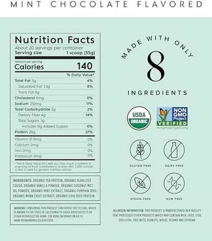 Truvani Vegan Pea Protein Powder | Mint Chocolate | 20g Organic Plant Based Protein | 20 Servings | Keto | Gluten & Dairy Free | Low Carb | No Added Sugar