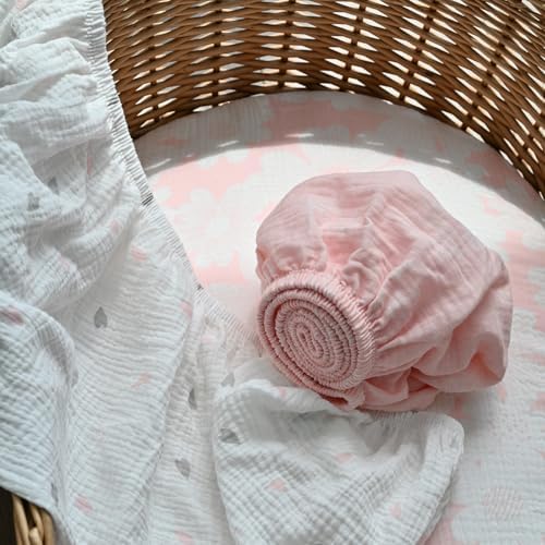 Gllquen Baby Muslin Bassinet Sheets 3 Pack, Breathable Elastic Cozy Fitted Cotton Bassinet Mattress Sheet for Baby Boy Girls, Fit for Hourglass Oval Rectangular Cradle Pad Sheets 33"x17" (Pink)