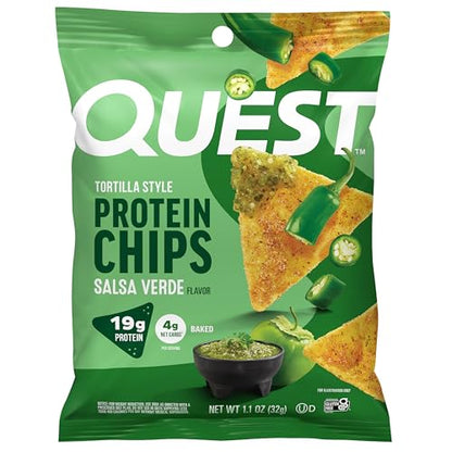 Quest Nutrition Tortilla Style Protein Chips, Salsa Verde, 19g of Protein, 4g Net Carbs, Gluten Free, 1.1 Ounce (Pack of 12)