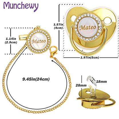 Personalized Pacifier with Name, Bling Gold Pacifier Clip Set with Gift Box Greeting Card, Glitter Crystal Luxurious Soother Dummy Ideal Gift for Boys Baby Shower Newborn Photography(Gold)