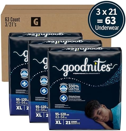 Goodnites Boys' Nighttime Bedwetting Underwear, Size Extra Large (95-120 lbs), 63 Ct (3 Packs of 21), Packaging May Vary