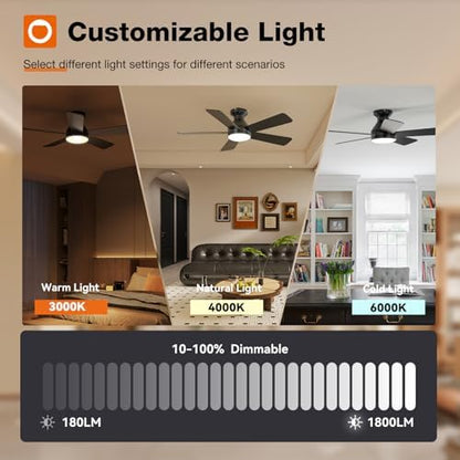 addlon Ceiling Fans with Lights, 42 Inch Low Profile Ceiling Fan with Light and Remote Control, Flush Mount, Reversible, 3CCT, Dimmable, Quiet, Black Small Ceiling Fan for Bedroom Indoor/Outdoor Use