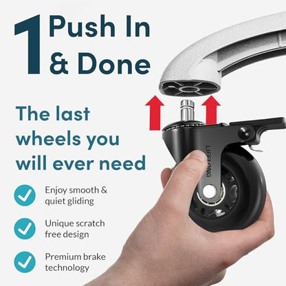 Lifelong Office Chair Wheels Replacement Rubber Desk Chair Casters for Hardwood Floors and Carpet, Set of 5, Quiet & Smooth Rolling Casters with Brakes for Chairs to Replace Office Chair Mats