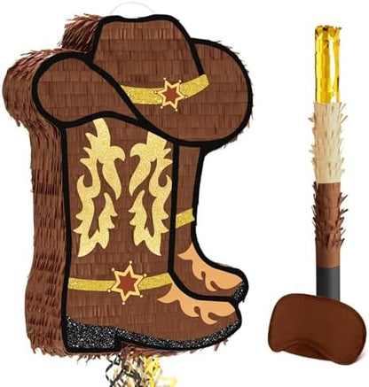 WERNNSAI Western Cowgirl Boot Piñata - Cowboy Hat Pinata Game Western World Theme Party Decorations for Adults Kids Birthday Farm Horse Rodeo Party Supplies with Bat Blindfold