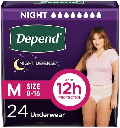 Depend Night Defense Adult Incontinence & Postpartum Bladder Leak Underwear for Women, Disposable, Overnight, Medium, Blush, 24 Count, Packaging May Vary