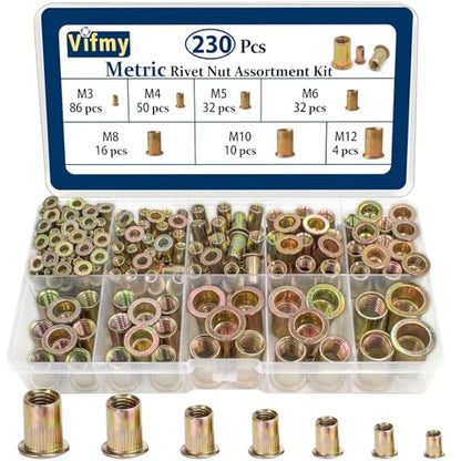 Metric Rivet Nut Assortment Kit(230 Pcs), M3 M4 M5 M6 M8 M10 M12 Flat Head Rivnut Set,Zinc Plated Finish Carbon Steel Nutsert