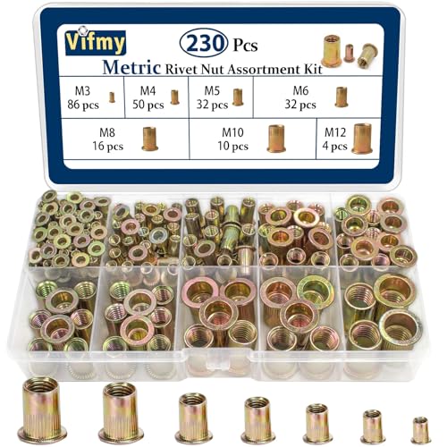 Metric Rivet Nut Assortment Kit(230 Pcs), M3 M4 M5 M6 M8 M10 M12 Flat Head Rivnut Set,Zinc Plated Finish Carbon Steel Nutsert