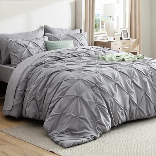 Bedsure Queen Comforter Set Grey - Bed in a Bag Queen Size 7 Pieces, GentleSoft™ Pintuck Bed Set Gift for Family, Pinch Pleat All Season Comforter with Sheets, Pillowcases & Shams