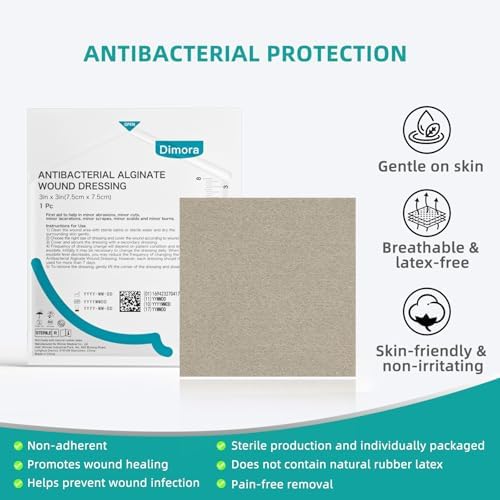 Dimora Upgrade Silver Calcium Alginate Wound Dressing -Antibacterial Non Stick Gauze for Wounds Care, Highly Absorbent Sterile Bandage Pads with Ag, 3'' x 3'' Patches 12 Packs Individual