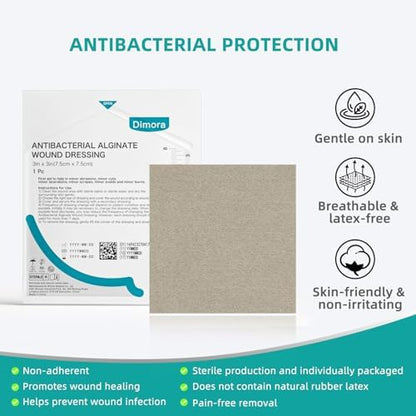 Dimora Upgrade Silver Calcium Alginate Wound Dressing -Antibacterial Non Stick Gauze for Wounds Care, Highly Absorbent Sterile Bandage Pads with Ag, 3'' x 3'' Patches 12 Packs Individual