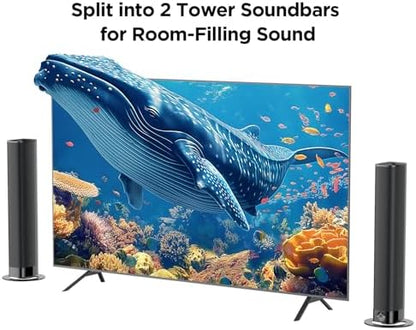 Sound Bar for Smart TV, Soundbar with Bluetooth/ARC/Opt/AUX Connect, Auto Volume Boost, 3 Equalizer Modes, 2 in 1 Detachable Soundbar for TV/PC/Gaming/Projectors