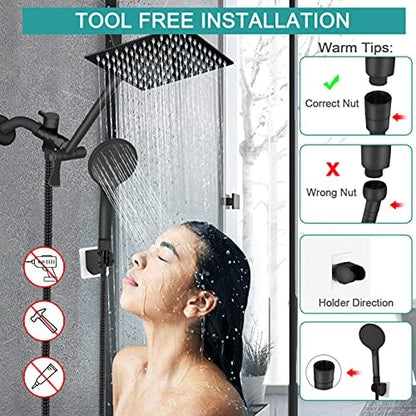 Shower Head, 8‘’ High Pressure Rainfall/Handheld Shower Combo with 11'' Extension Arm, 9 Settings, Anti-leak Shower Head with Holder, Height/Angle Adjustable, Chrome, Matte Black