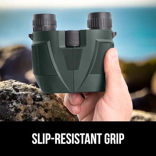 GORILLA GRIP 10x25 Compact Binoculars for Adults with Strap, Superior High Powered Clear 10X Magnification, Lightweight, Bird Watching, Hunting, Stargazing, Adjustable Eye Cups, Green