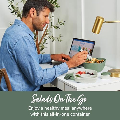 Bentgo Salad Container - 54 oz Bowl with 4-Compartment Toppings Tray, Leak-Proof Dressing Container, Reusable Fork, BPA-Free Lunch Box for Meal Prep & Food Storage; Removable Bento Tray (Khaki Green)