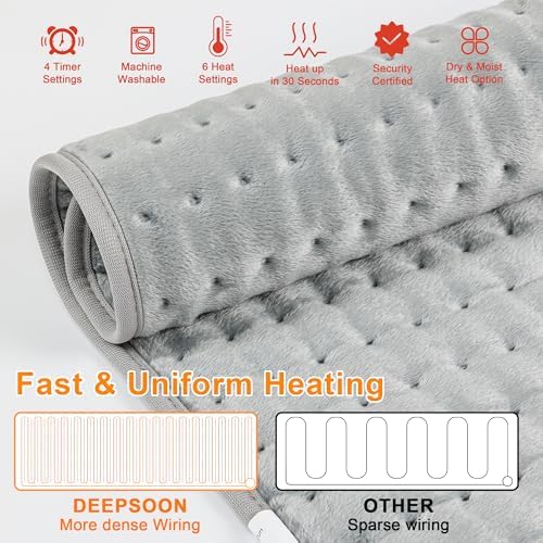 Heating Pad-Electric Heating Pad for Back,Neck,Abdomen,Moist Heated Pad for Shoulder,Knee,Hot Pad for Arms and Legs,Dry&Moist Heat & Auto Shut Off(Silver, 12''×24')