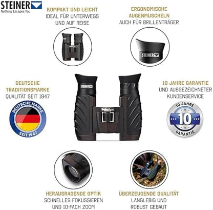 Steiner Safari UltraSharp 10 x 26 Binoculars, Compact, Large Magnification, Robust, Waterproof, Ideal for Travel, Hiking, Concerts, Sports and Nature Observation