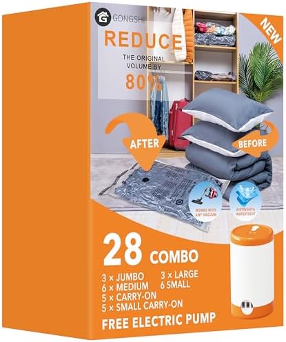 28 Pack Vacuum Storage Bags with Electric Pump, Plastic Packaging Bags,Space Saver Bag for Clothes, Mattress, Blanket, Duvets, Pillows, Comforters, Travel