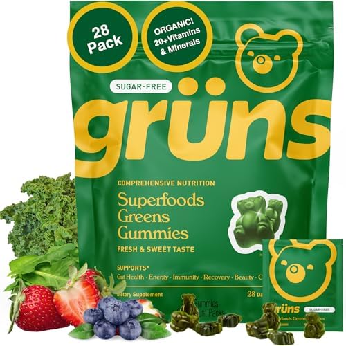 Gruns Adult Sugar-Free Super Greens Gummies, Superfood Gummy Bears with Spirulina, Chlorella, Fiber & Prebiotics for Digestive Health, Adaptogens Supplement with 20 Vitamins & Minerals, 28 Packets